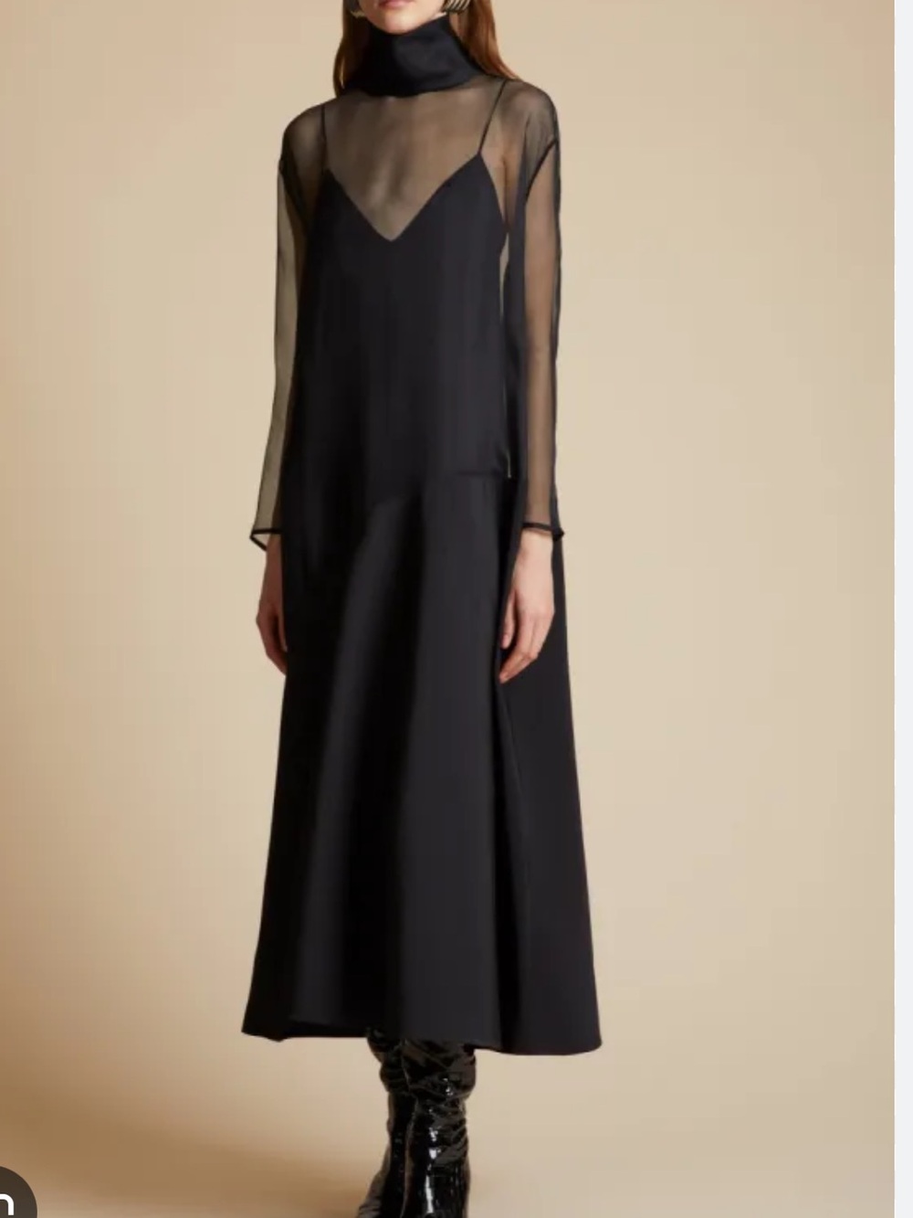 KHAITE Bellamy Black Sheer-Detail High Neck Dress NWT